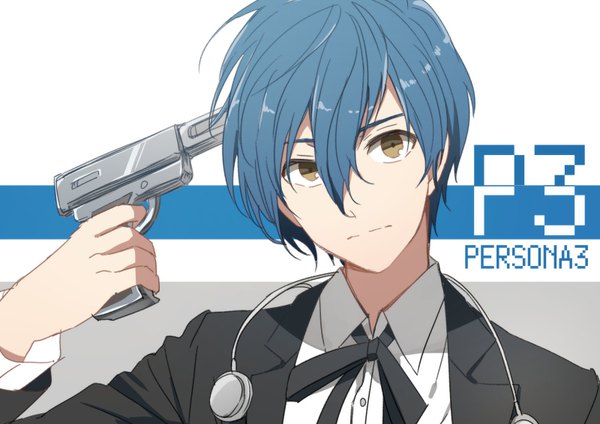 Anime picture 800x566 with persona 3 persona arisato minato eunram single looking at viewer fringe short hair hair between eyes brown eyes blue hair upper body head tilt copyright name suicide boy weapon gun pistol