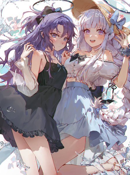 Anime picture 2677x3604 with blue archive yuuka (blue archive) noa (blue archive) kellymonica02 long hair tall image looking at viewer blush fringe highres open mouth blue eyes smile hair between eyes standing bare shoulders multiple girls purple hair blunt bangs braid (braids)