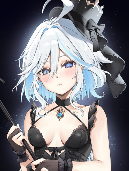Anime picture 1527x2016 with genshin impact furina (genshin impact) vitaminechan single long hair tall image looking at viewer blush fringe breasts blue eyes light erotic simple background hair between eyes holding silver hair ahoge head tilt heterochromia black background