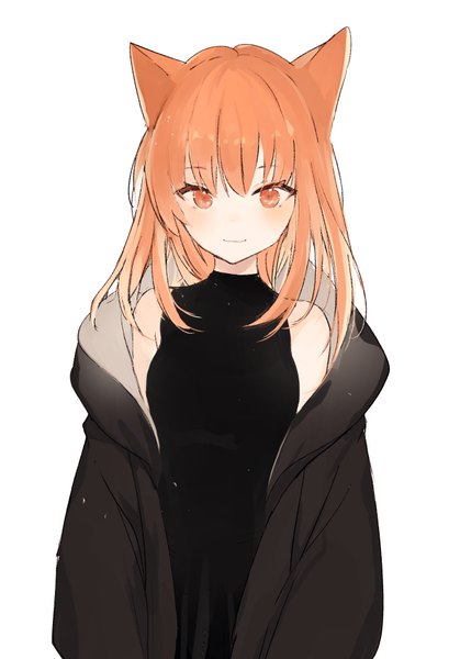 Anime picture 629x901 with original lpip single long hair tall image looking at viewer blush fringe simple background smile standing white background bare shoulders animal ears upper body cat ears orange hair off shoulder open jacket orange eyes