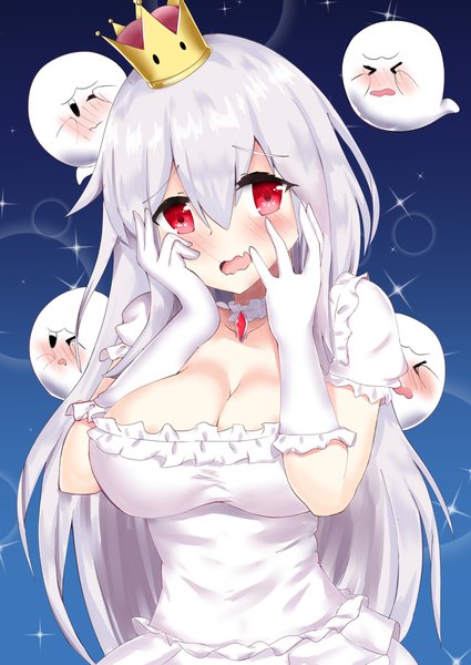 Anime picture 1290x1821 with super mario bros. new super mario bros. u deluxe princess king boo boo (mario) potato monsta single long hair tall image looking at viewer blush fringe breasts light erotic simple background hair between eyes red eyes large breasts standing cleavage silver hair