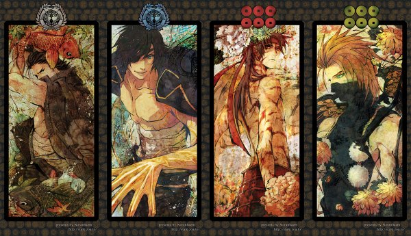 Anime picture 1200x690 with sengoku basara production i.g date masamune sanada yukimura sarutobi sasuke katakura kojuurou noru (slhnsr) blonde hair brown hair wide image green eyes group multiview clothes on shoulders column lineup boy flower (flowers) jacket bandage (bandages) eyepatch