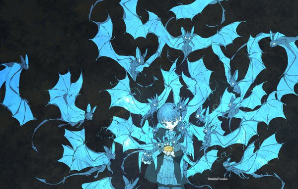 Anime picture 1574x1001 with original demizu posuka single long hair blue eyes smile standing holding signed blue hair black background girl animal fruit bat lemon