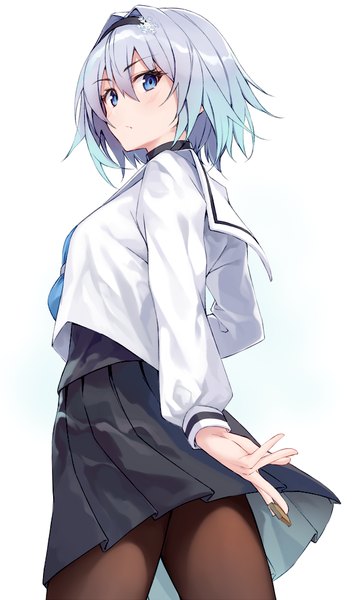 Anime picture 600x1005 with ryuuou no oshigoto! sora ginko shunichi single tall image looking at viewer blush fringe short hair breasts blue eyes simple background hair between eyes standing white background holding silver hair long sleeves pleated skirt looking back