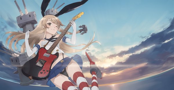 Anime picture 1280x666 with kantai collection shimakaze destroyer rensouhou-chan hayashi kewi long hair looking at viewer blush light erotic blonde hair wide image sky cloud (clouds) pleated skirt one eye closed wink grey eyes pantyshot horizon fisheye girl