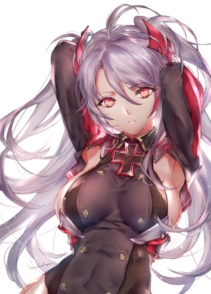 Anime picture 1784x2480 with azur lane prinz eugen (azur lane) michudx (michudayo) single long hair tall image looking at viewer fringe highres breasts light erotic simple background hair between eyes red eyes large breasts white background signed silver hair upper body ahoge