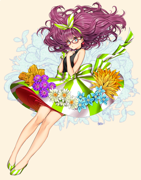 Anime picture 1366x1740 with puri para pretty (series) tagme (character) gambe single long hair tall image blush fringe blue eyes simple background bare shoulders signed purple hair full body blunt bangs :o looking down knees touching girl
