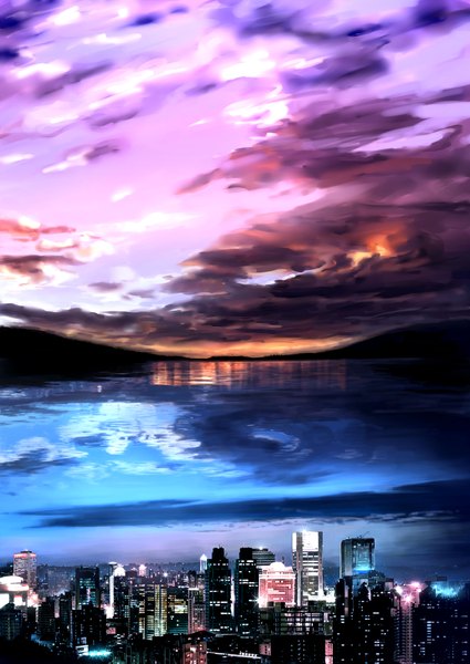 Anime picture 2953x4169 with original gdfzzxcv tall image highres sky cloud (clouds) cityscape landscape scenic city lights building (buildings)