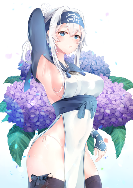 Anime picture 1700x2400 with kantai collection kamoi (kantai collection) jenson tw single long hair tall image looking at viewer breasts blue eyes light erotic white hair traditional clothes armpit (armpits) sideboob covered navel arm behind head side slit underbust ainu clothes girl