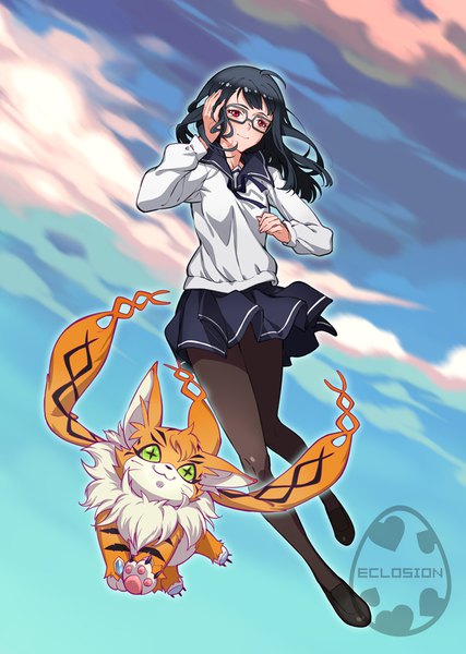 Anime picture 720x1012 with digimon digimon adventure tri. mochizuki meiko meicoomon eclosion long hair tall image black hair red eyes looking away sky cloud (clouds) full body light smile adjusting hair weightlessness girl uniform pantyhose glasses