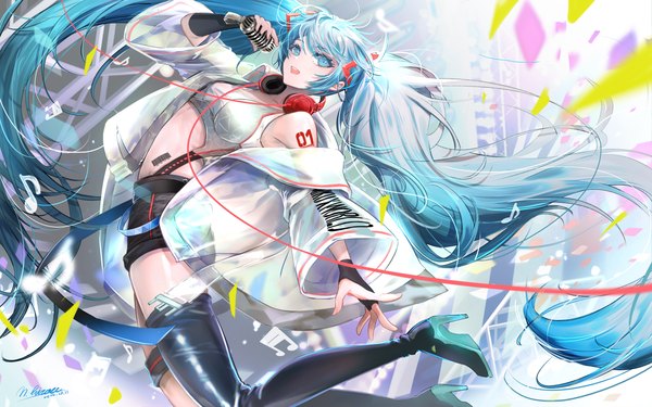Anime picture 3200x2000 with vocaloid hatsune miku hirose (10011) single looking at viewer fringe highres breasts open mouth hair between eyes twintails holding signed bent knee (knees) very long hair :d aqua eyes off shoulder aqua hair wide sleeves