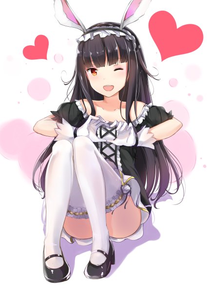 Anime picture 850x1200 with tera online konka single long hair tall image looking at viewer blush open mouth light erotic black hair red eyes full body one eye closed wink heart hands girl thighhighs dress gloves white thighhighs