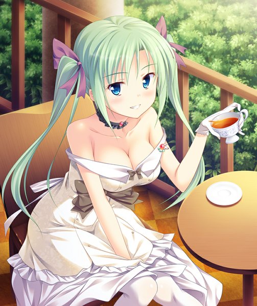 Anime picture 839x1000 with original yuurei yashiki single long hair tall image looking at viewer blush blue eyes light erotic twintails bare shoulders green hair girl dress gloves ribbon (ribbons) hair ribbon cup