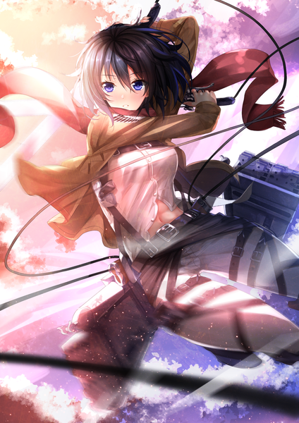Anime picture 1018x1440 with shingeki no kyojin production i.g mikasa ackerman swordsouls single tall image blush short hair blue eyes black hair holding cloud (clouds) open clothes open jacket dual wielding girl weapon sword boots belt