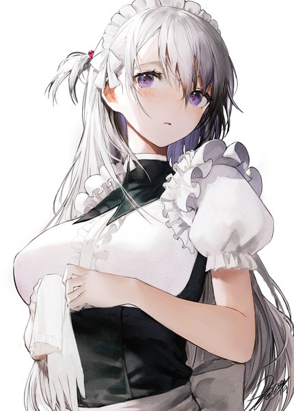 Anime picture 2148x3000 with original iori (cpeilad) single long hair tall image looking at viewer blush fringe highres breasts simple background white background purple eyes holding silver hair upper body short sleeves maid puffy sleeves one side up