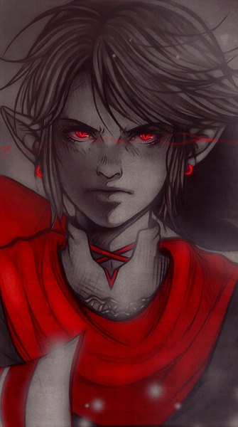 Anime picture 840x1504 with the legend of zelda nintendo link dark link aikaxx single tall image looking at viewer fringe short hair red eyes upper body pointy ears glowing portrait glowing eye (eyes) slit pupils serious frown spot color