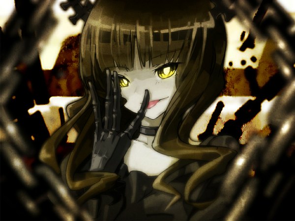 Anime picture 1000x750 with black rock shooter dead master ashuho single long hair looking at viewer brown hair green eyes finger to mouth face girl chain