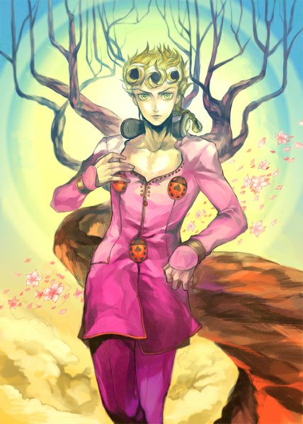 Anime picture 607x850 with jojo no kimyou na bouken giorno giovanna oburaato single tall image looking at viewer short hair blonde hair yellow eyes bare tree boy flower (flowers) plant (plants) petals tree (trees) insect ladybug