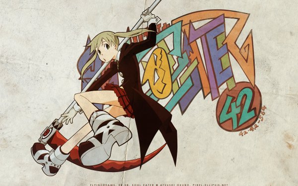 Anime picture 2560x1600 with soul eater studio bones maka albarn single long hair highres open mouth blonde hair wide image twintails green eyes signed wallpaper graffiti girl skirt boots scythe