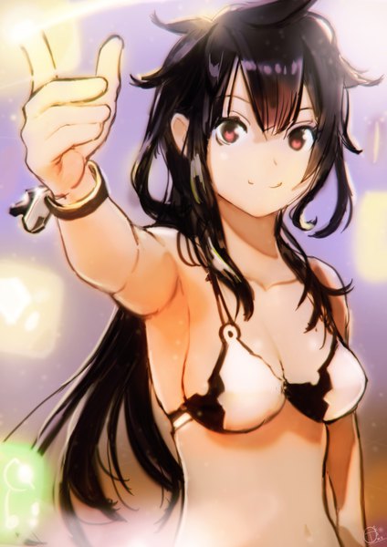 Anime picture 2480x3508 with original okuto single long hair tall image looking at viewer fringe highres breasts light erotic black hair smile hair between eyes standing bare shoulders brown eyes cleavage upper body arm up bare belly