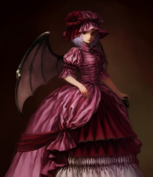 Anime picture 1500x1740 with touhou remilia scarlet egawa satsuki single tall image short hair simple background purple hair pink eyes portrait bat wings gothic girl dress hat