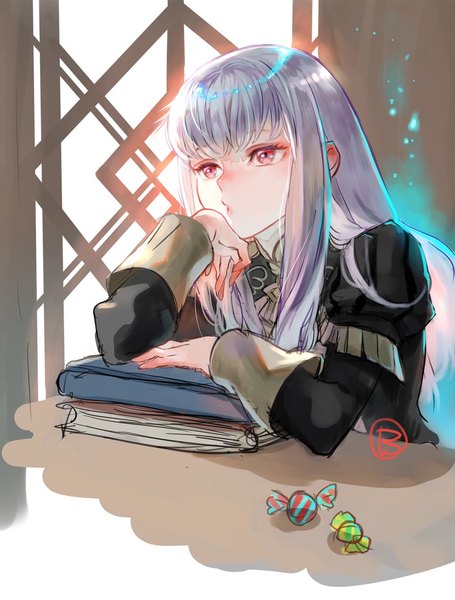 Anime picture 1094x1444 with fire emblem fire emblem: three houses nintendo lysithea von ordelia suzuki rika (artist) single long hair tall image fringe looking away silver hair upper body blunt bangs long sleeves pink eyes girl food sweets book (books) candy