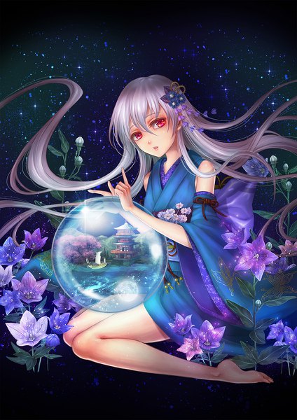 Anime picture 848x1200 with original tenjo single tall image looking at viewer red eyes sitting bare shoulders silver hair very long hair traditional clothes parted lips head tilt japanese clothes barefoot hair flower wide sleeves bare legs sparkle floating hair