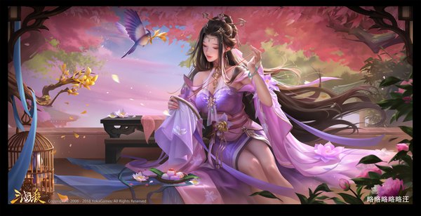 Anime picture 4284x2200 with legend of the three kingdoms tagme (character) yiqian zhang single highres brown hair wide image sitting holding signed absurdres sky cloud (clouds) outdoors very long hair traditional clothes wind black eyes realistic wide sleeves