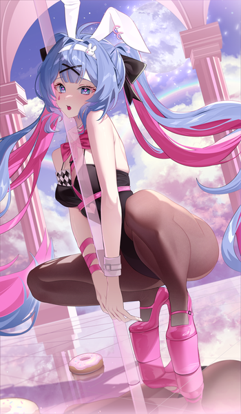 Anime-Bild 1500x2571 mit vocaloid rabbit hole (vocaloid) hatsune miku aqua74286 single tall image looking at viewer fringe open mouth blue eyes light erotic twintails animal ears blue hair sky cloud (clouds) full body blunt bangs very long hair multicolored hair