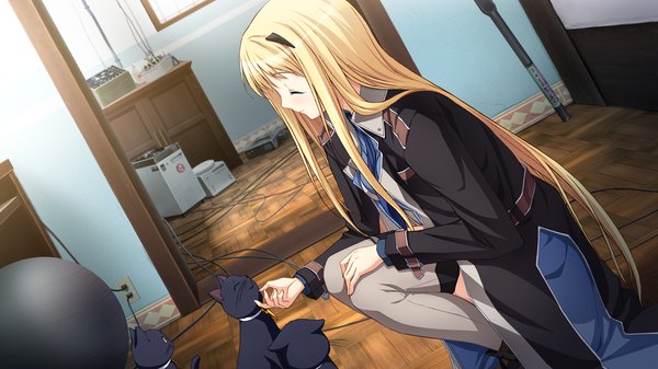 Anime picture 1280x720 with baldr (series) baldr sky zero giga tsunashima shirou single long hair blonde hair wide image sitting game cg eyes closed girl animal cat cloak