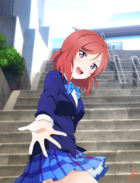 Anime picture 975x1269 with love live! school idol project sunrise (studio) love live! nishikino maki kuusuke (yo suke39) single tall image looking at viewer blush short hair smile purple eyes outdoors red hair head tilt looking back outstretched arm happy girl uniform