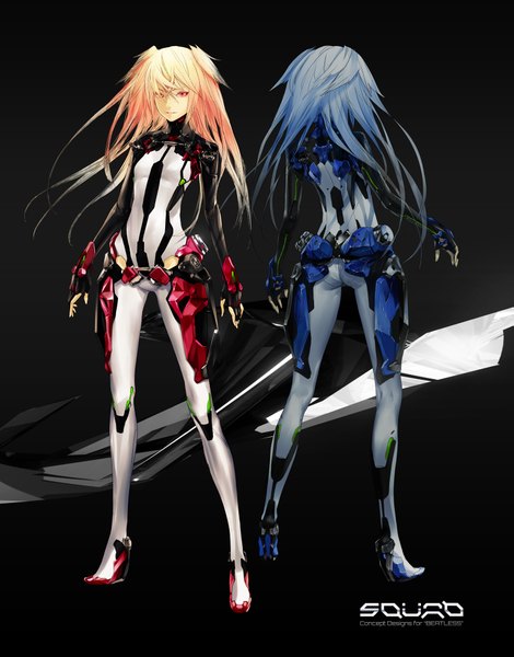 イラスト 1567x2000 と オリジナル beatless しる 長髪 長身像 青い髪 ピンク髪 ピンク目 mechanical 女の子 ボディースーツ パイロットスーツ