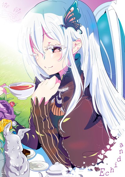 Anime picture 1071x1516 with re:zero kara hajimeru isekai seikatsu white fox echidna (re:zero) aloe (kenkou3733) single long hair tall image looking at viewer blush fringe smile hair between eyes sitting holding brown eyes payot upper body outdoors white hair one eye closed