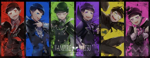 Anime picture 1200x466 with osomatsu-san matsuno osomatsu matsuno karamatsu matsuno ichimatsu matsuno choromatsu matsuno todomatsu matsuno juushimatsu ekita xuan looking at viewer short hair open mouth blue eyes black hair red eyes wide image purple eyes signed yellow eyes pink eyes horn (horns)