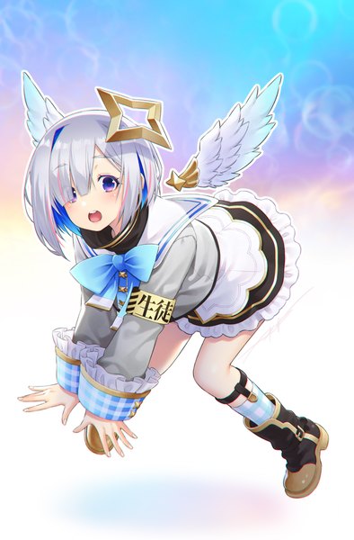 Anime picture 1315x2000 with virtual youtuber hololive amane kanata amane kanata (1st costume) kazuma muramasa single tall image looking at viewer fringe short hair open mouth purple eyes silver hair full body :d multicolored hair hair over one eye teeth streaked hair colored inner hair