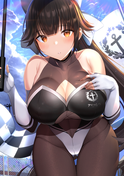 Anime picture 1200x1697 with azur lane takao (azur lane) takao (full throttle charmer) (azur lane) alcoholrang single long hair tall image looking at viewer blush fringe breasts light erotic black hair large breasts bare shoulders holding brown eyes sky cloud (clouds) outdoors