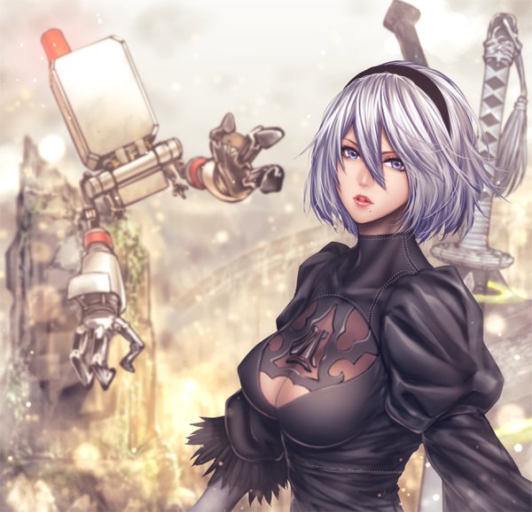 Anime picture 2591x2500 with nier nier:automata yorha no. 2 type b pod (nier:automata) zucchini single looking at viewer fringe highres short hair breasts blue eyes light erotic hair between eyes cleavage silver hair upper body parted lips mole mole under mouth