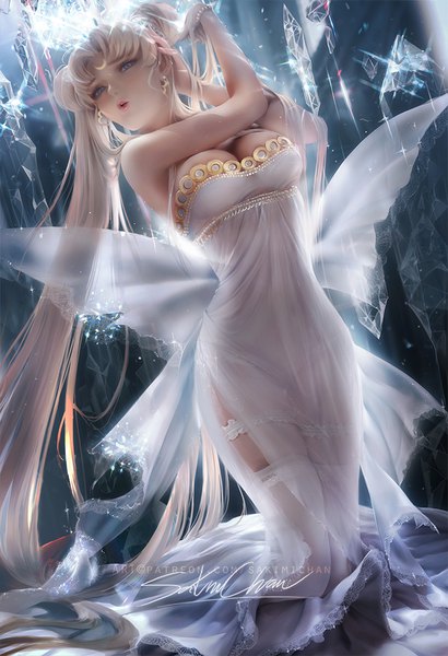 Anime picture 684x1000 with bishoujo senshi sailor moon toei animation tsukino usagi sailor moon princess serenity sakimichan single long hair tall image looking at viewer blush fringe breasts light erotic signed cleavage parted lips realistic from below grey eyes