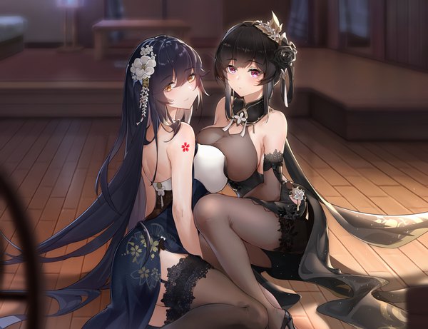 Anime picture 5000x3840 with azur lane azuma (azur lane) azuma (soft voice of spring) (azur lane) chen hai (azur lane) chen hai (vestibule of wonders) (azur lane) dearduam long hair looking at viewer highres short hair breasts light erotic black hair red eyes large breasts sitting bare shoulders multiple girls yellow eyes absurdres