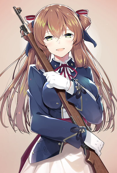 Anime-Bild 1060x1566 mit girls frontline m1903 springfield (girls frontline) akahito single long hair tall image looking at viewer blush fringe open mouth simple background hair between eyes brown hair twintails holding green eyes brown background girl gloves ribbon (ribbons)