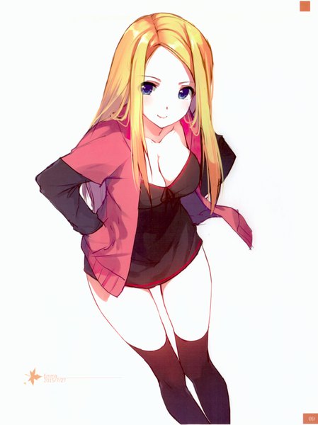 Anime picture 4868x6501 with original emma (caidychen) caidychen single long hair tall image looking at viewer highres breasts blue eyes blonde hair simple background smile white background absurdres cleavage scan zettai ryouiki character names thigh gap