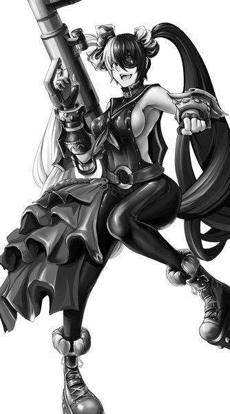 Anime picture 1949x3500 with blade & soul po hwa ran (blade & soul) macline (artist) tall image highres open mouth light erotic white background twintails very long hair multicolored hair monochrome girl gun eyepatch
