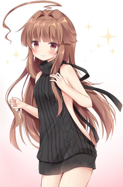 Anime picture 846x1278 with kantai collection kuma light cruiser masayo (gin no ame) single long hair tall image blush fringe light erotic simple background brown hair bare shoulders brown eyes looking away ahoge light smile sparkle alternate costume gradient background sideboob