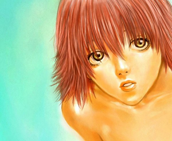 Anime picture 1024x842 with flcl gainax haruhara haruko nekoi mie single fringe short hair simple background hair between eyes yellow eyes upper body red hair parted lips aqua background girl