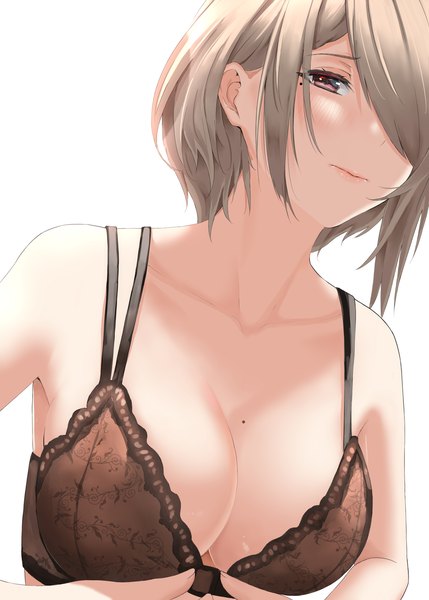 Anime picture 2591x3624 with honkai impact 3rd honkai (series) rita rossweisse eleaaa single tall image looking at viewer fringe highres short hair breasts light erotic simple background red eyes large breasts white background cleavage grey hair hair over one eye mole