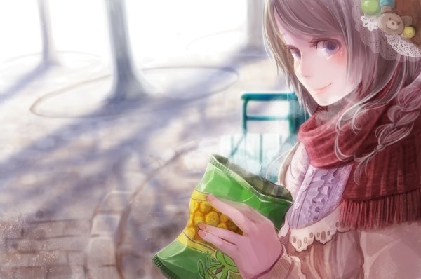 Anime picture 1200x797 with original aka tonbo (lovetow) single looking at viewer short hair blue eyes smile silver hair braid (braids) twin braids girl plant (plants) tree (trees) food scarf bench