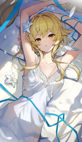 Anime picture 1456x2500 with genshin impact lumine (genshin impact) scottie (phantom2) single long hair tall image looking at viewer fringe breasts blonde hair hair between eyes yellow eyes upper body lying head tilt hair flower sunlight arms up armpit (armpits) on back
