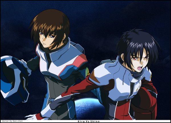 Anime picture 2500x1800 with mobile suit gundam gundam seed destiny sunrise (studio) kira yamato shinn asuka kayamah highres short hair open mouth black hair red eyes brown hair purple eyes multiple boys coloring 2boys boy star (stars) 2 boys helmet