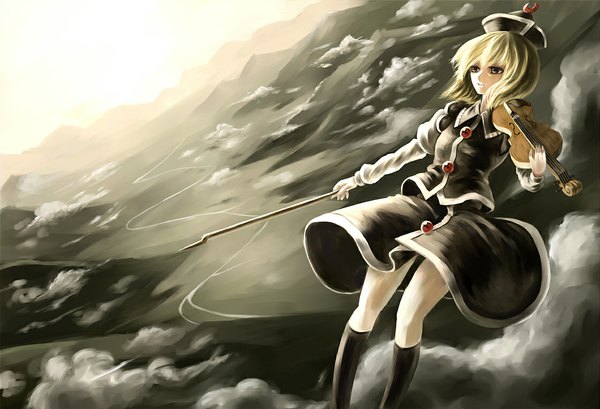 Anime picture 1120x764 with touhou lunasa prismriver paseri single blonde hair yellow eyes sky cloud (clouds) mountain flying river girl thighhighs dress hat musical instrument violin bow (instrument)