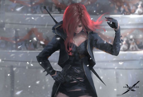 Anime-Bild 1550x1058 mit ghost blade lenia wlop single long hair fringe standing red hair eyes closed head tilt arm up wind blurry hair over one eye open jacket copyright name hand on hip watermark girl gloves